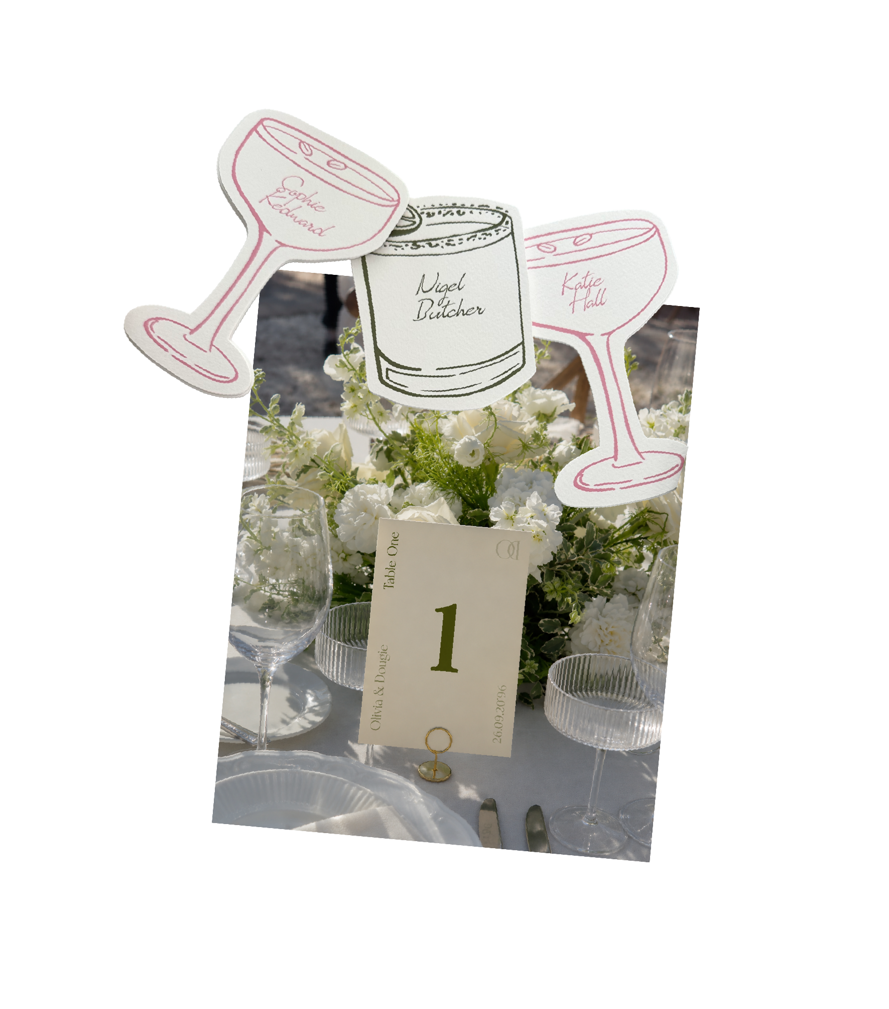 Decorative wedding table centerpiece with paper cutouts of wine glasses and cocktails. Table numbers, Seating plans, Welcome signs and much more bespoke on the day wedding stationary
