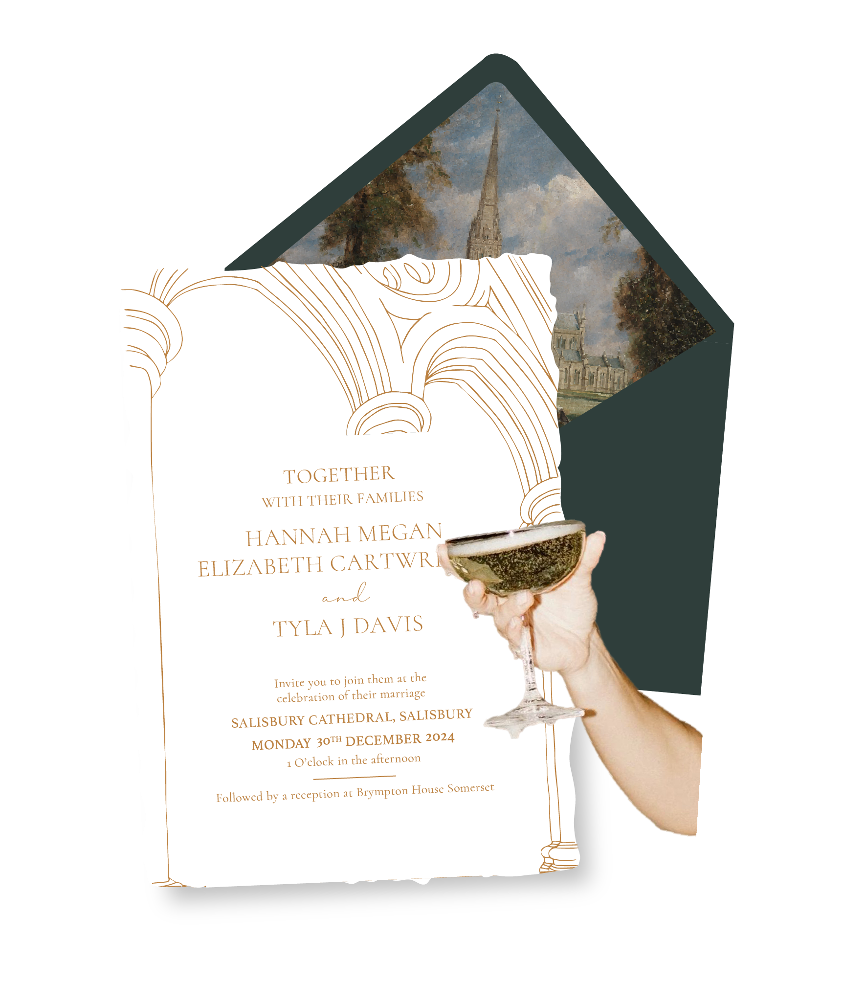 Bespoke Wedding invitation with elegant gold line art design, featuring a hand holding a glass of champagne. Bespoke envelope liner of Salisbury Cathedral in December