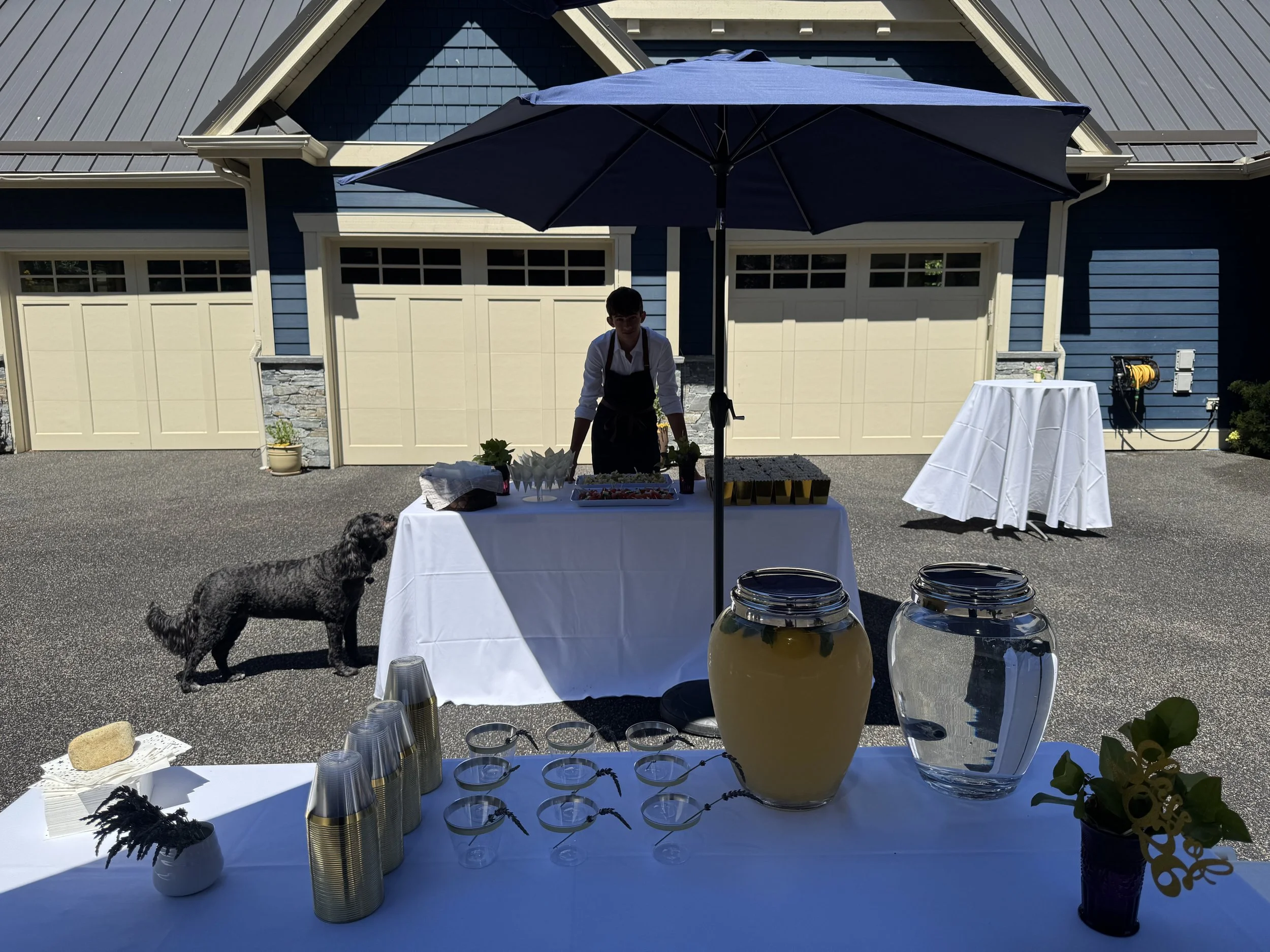 Outdoor setup with a table under a large umbrella featuring drinks and desserts, a person behind the table, and a black dog nearby, in front of a blue house with beige garage doors.