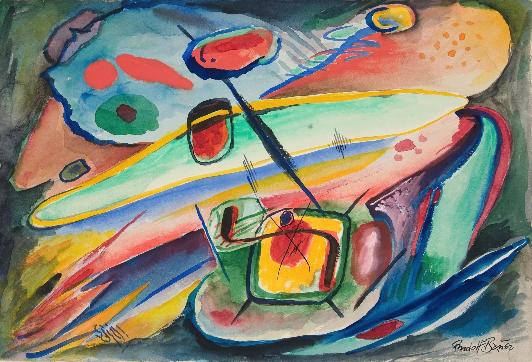 Abstract watercolor painting with vibrant colors including red, yellow, green, blue, and black. Various shapes and lines suggest a surreal, dynamic scene with elements resembling boats, umbrellas, and water. The artist's signature is visible in the bottom right corner.