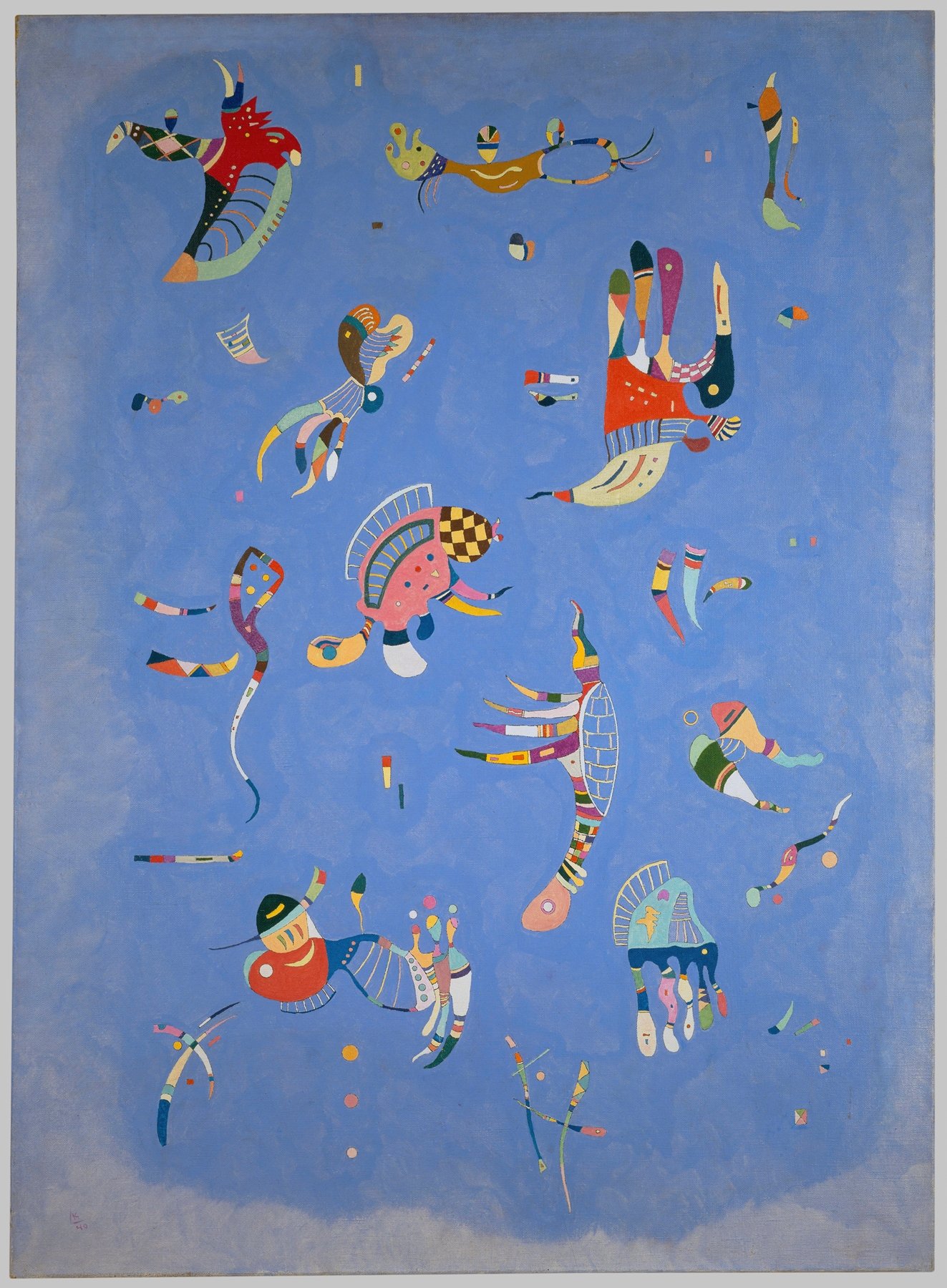 Abstract painting featuring colorful, stylized animal-like figures and shapes on a blue background.