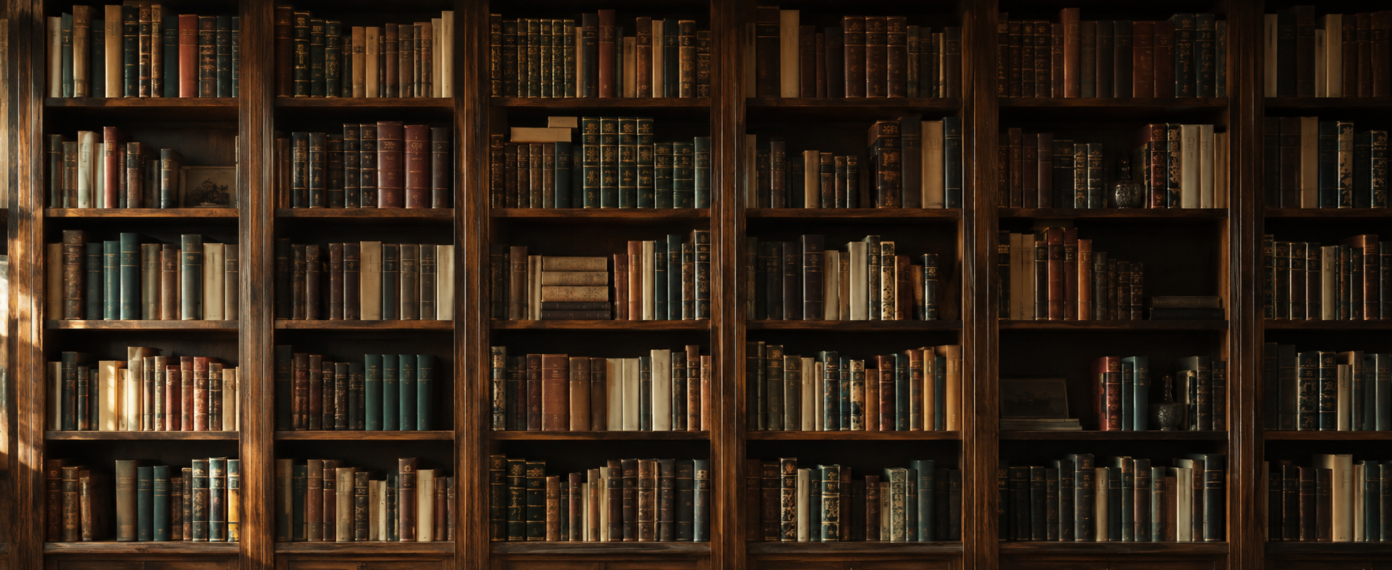 Floor-to-ceiling library shelves filled with well-worn books.