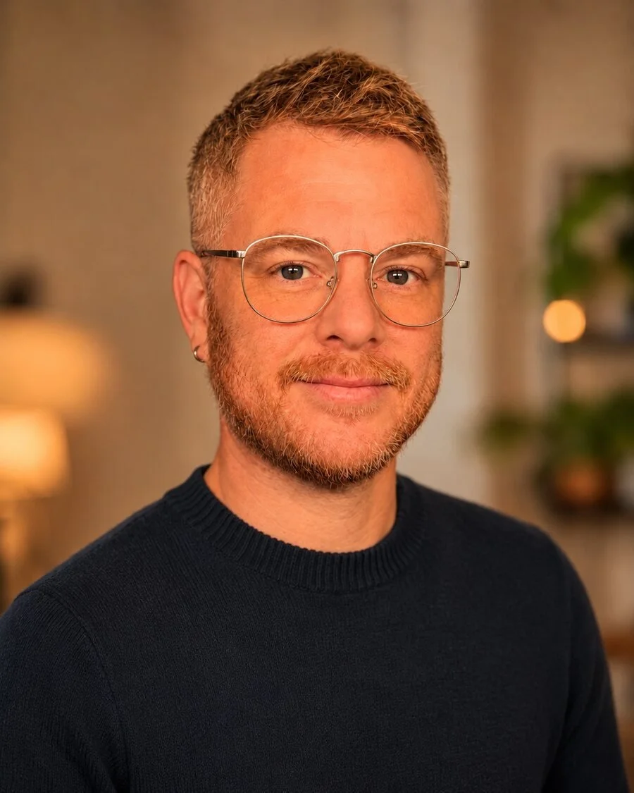 Author Mark Wilkinson in a navy sweater and round glasses.