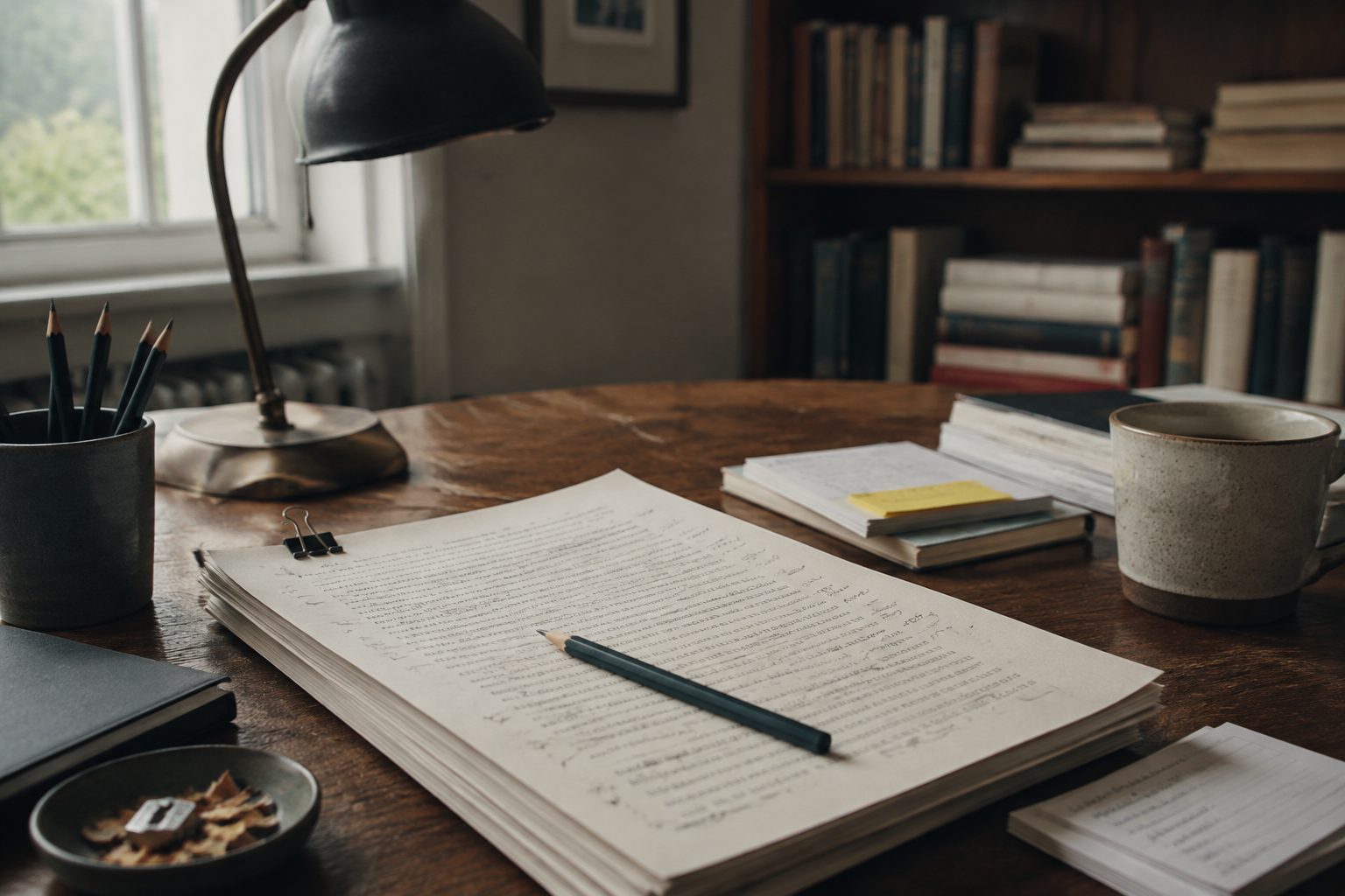 An edited novel manuscript, pencils, and books on a writer’s wooden desk.