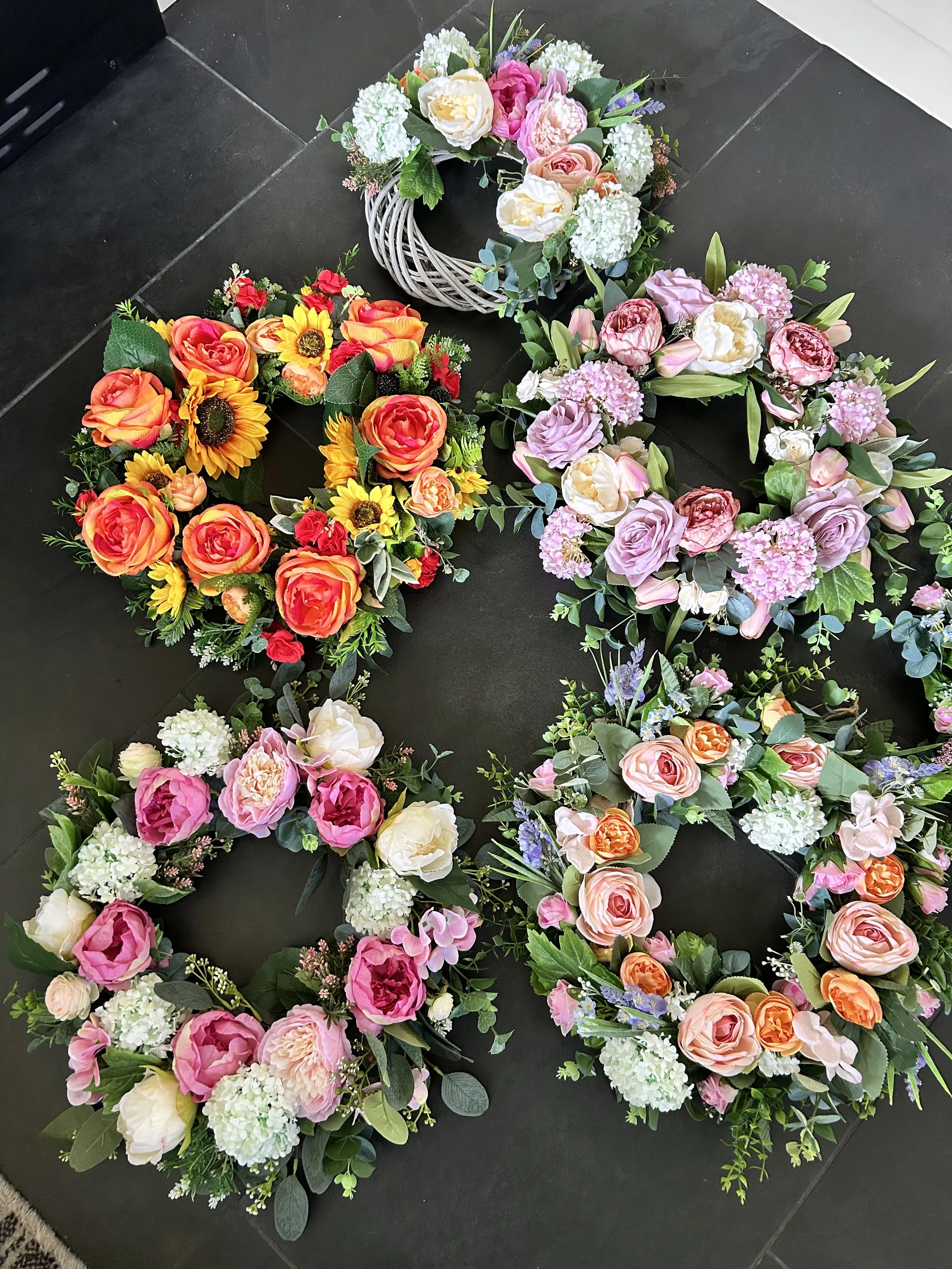 Several floral wreath arrangements