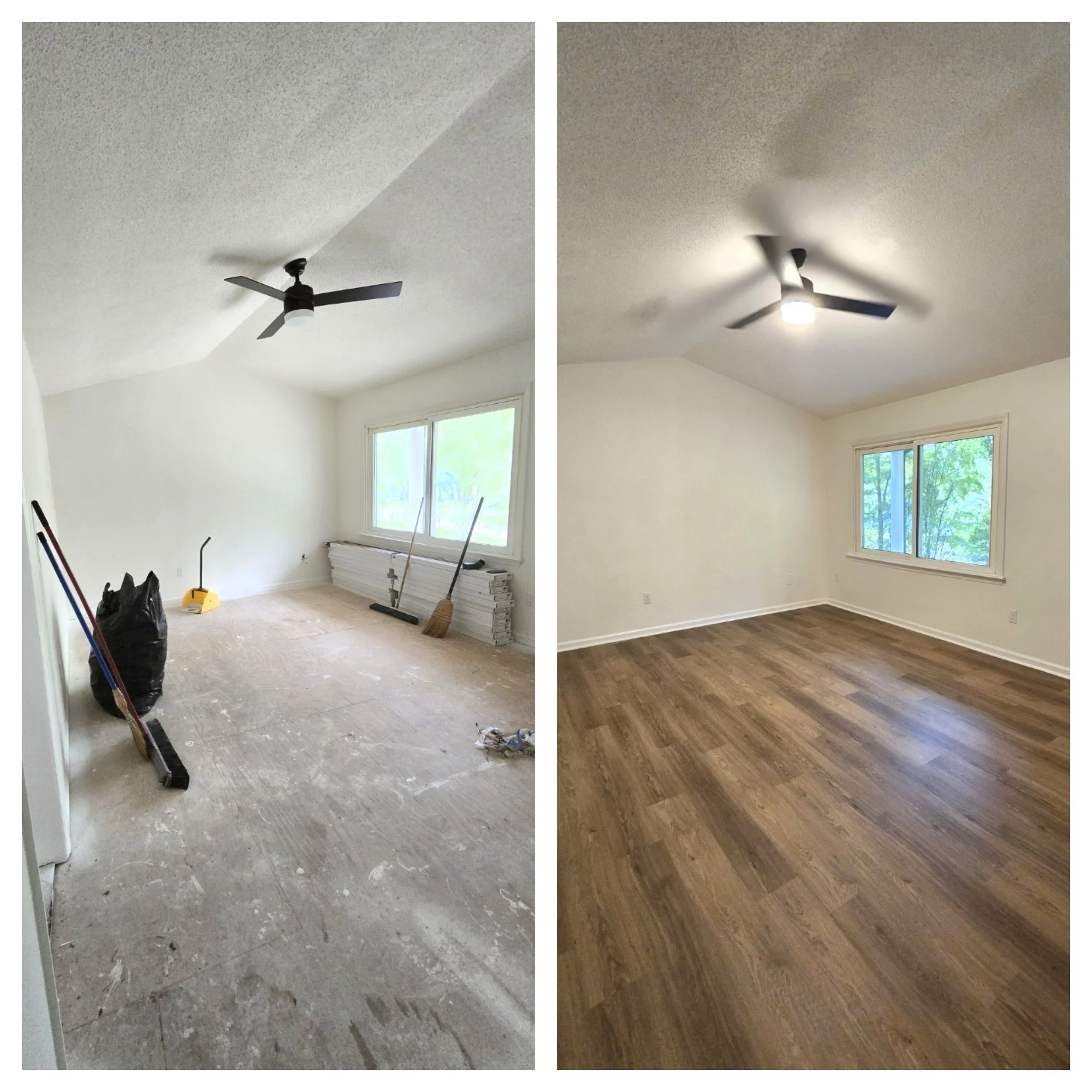 Comparison of two ceilings, one before and one after renovation; the left showing a ceiling with ceiling fan and construction tools, the right showing a clean, finished ceiling with new flooring.