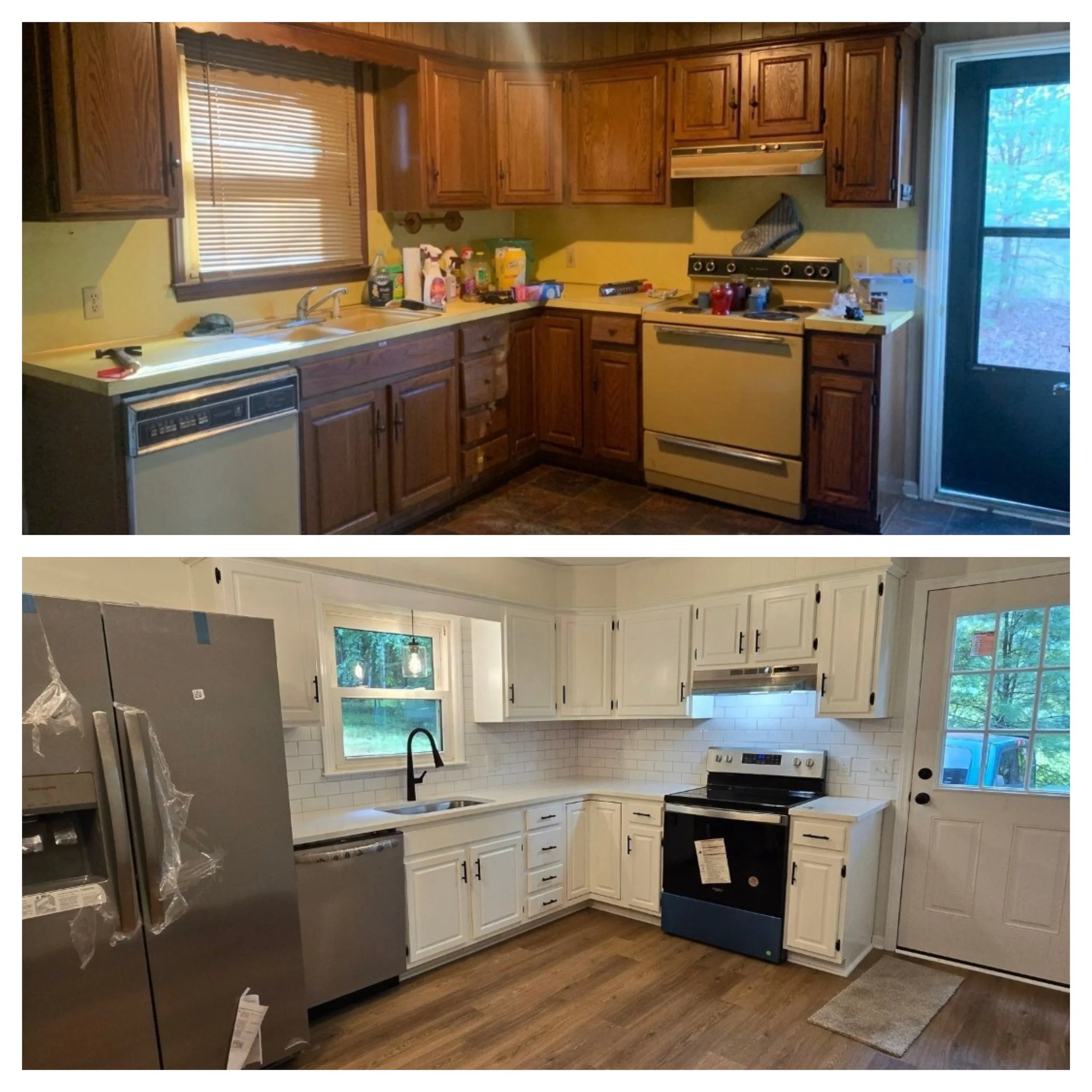Kitchen with wooden cabinets, window with blinds, white counters, and a stainless steel refrigerator on the left. Various food and cleaning items are on the counter, and a stove with an oven is on the right. Large windows and a door with a screen lead outside.