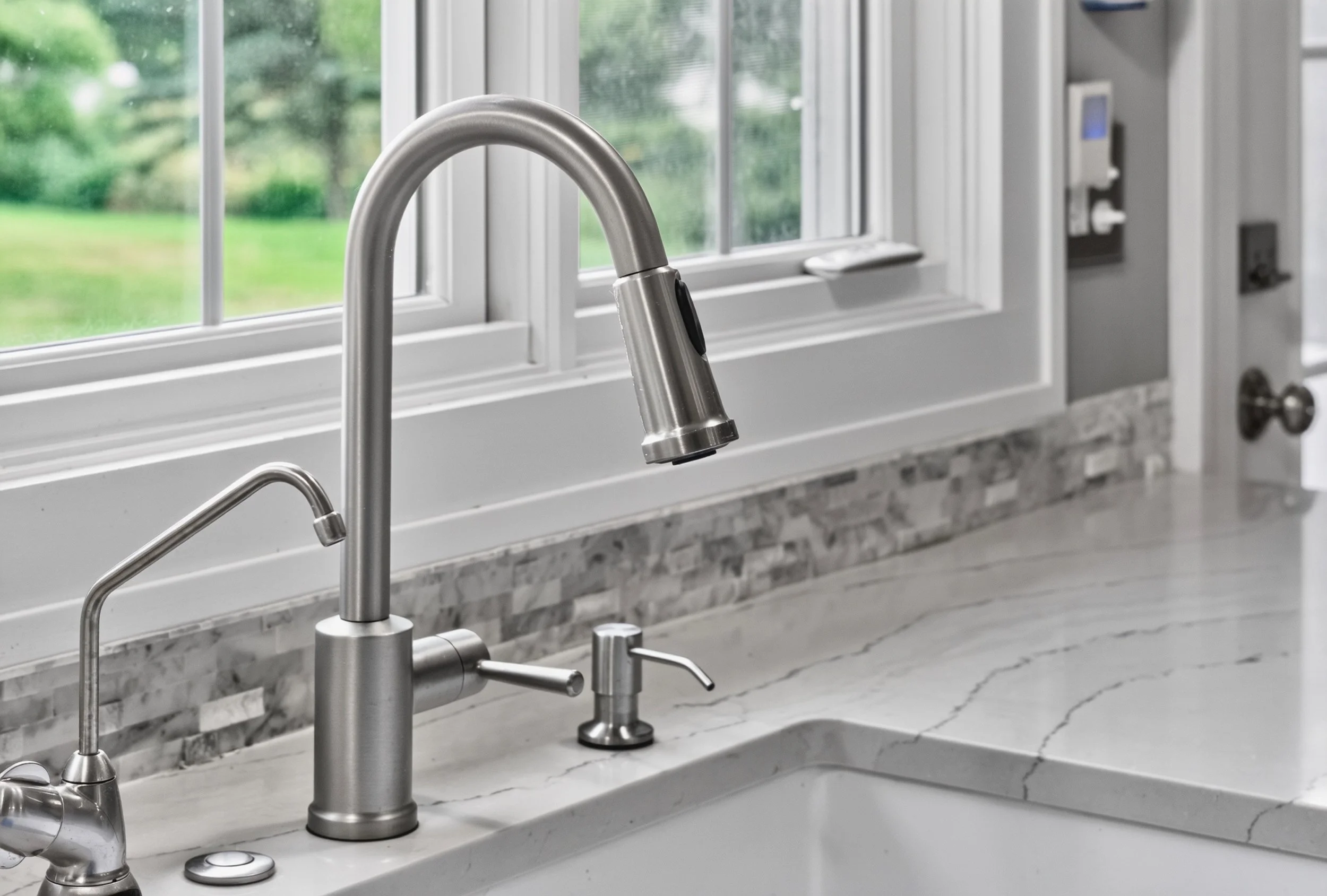 Close-up real estate photography of a modern kitchen sink featuring a stainless steel faucet, white countertops, mosaic tile backsplash, and natural window light.