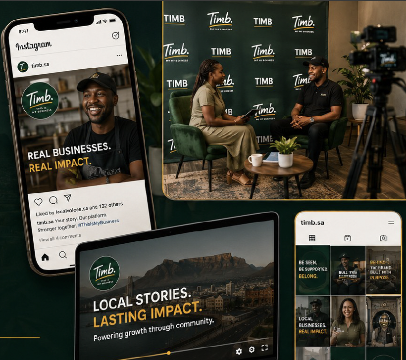 A collage of digital marketing and media content for Timb, a business platform. It shows a mobile phone screen displaying an Instagram post with a smiling man in a black cap, a panel with a woman interviewing a man in black attire with a backdrop labeled TIMB, a laptop screen with a landscape photo and text about local stories, and another mobile screen showing Timb's Instagram grid featuring photos of people and branding.
