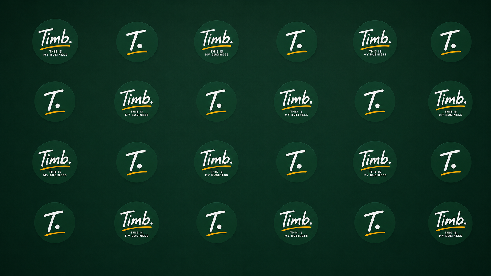 Pattern of circular stickers with the Timb branding and the tagline "This is my business" on a dark green background.
