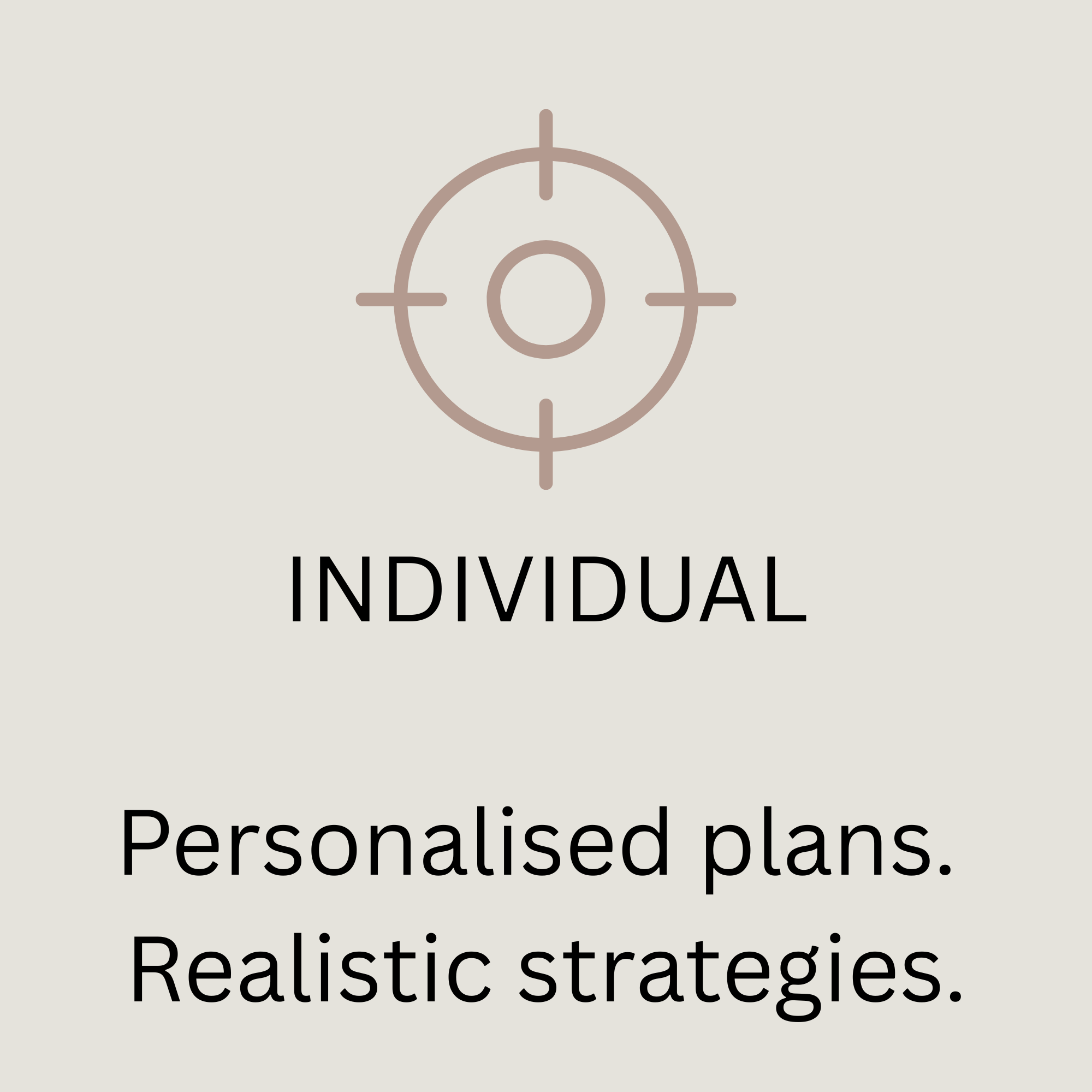 Text that reads "INDIVIDUAL" and "Personalised plans" on a light background with a minimalistic target icon above the text.