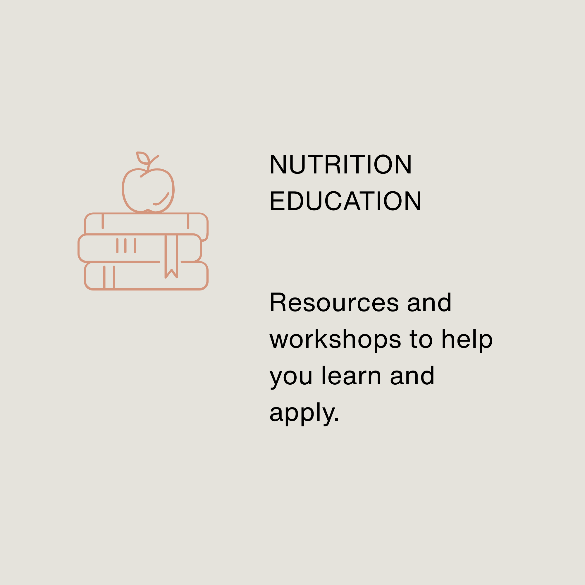 Outline drawing of a stack of books with an apple on top, accompanied by the text "Nutrition Education" and additional text about resources and workshops to help learning and apply.