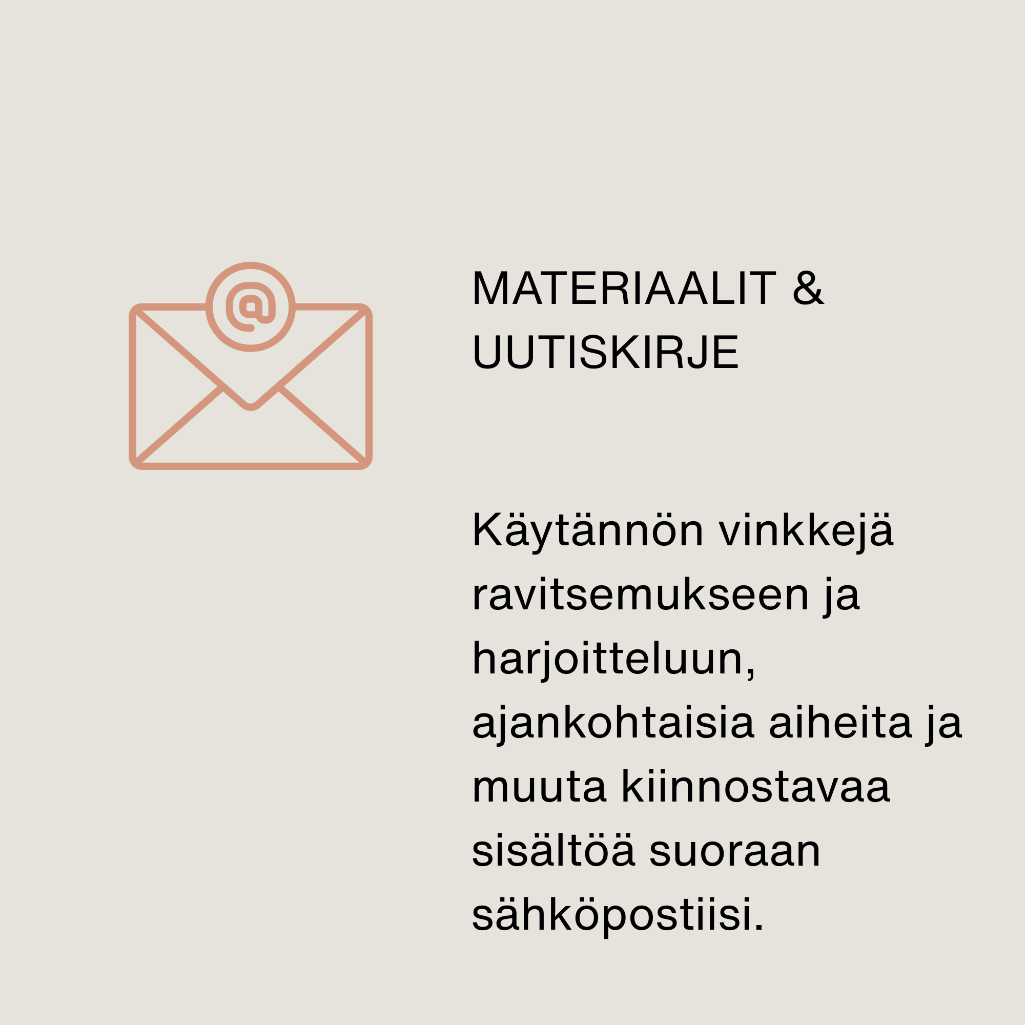 A digital screenshot showing Finnish text about tips for healthy eating and exercising, with a simple outline of an envelope with a letter and an at-symbol on it.