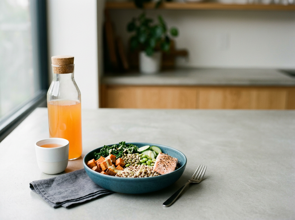 A bowl of salad with vegetables and grains, a glass bottle of juice, a small cup of sauce or dressing, a fork, and a folded napkin on a kitchen counter.