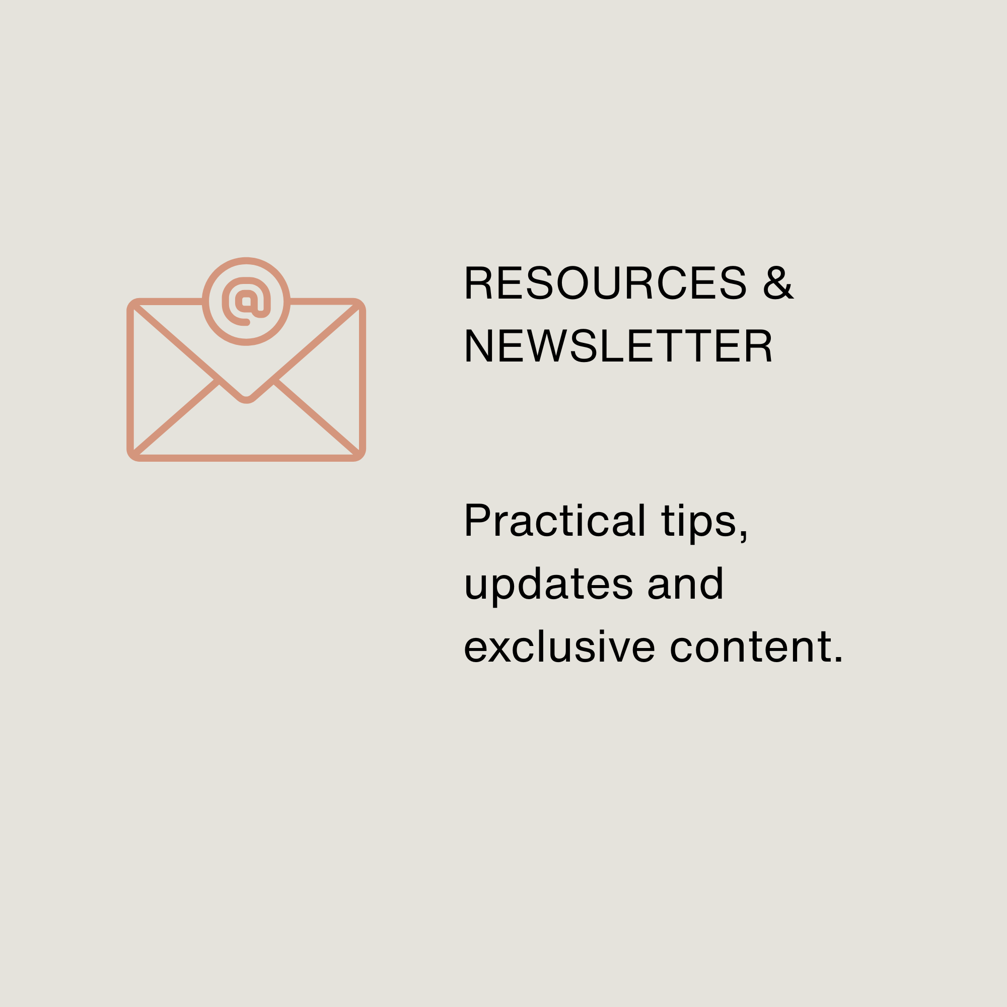 Envelope with @ symbol, accompanied by text about resources and newsletter.