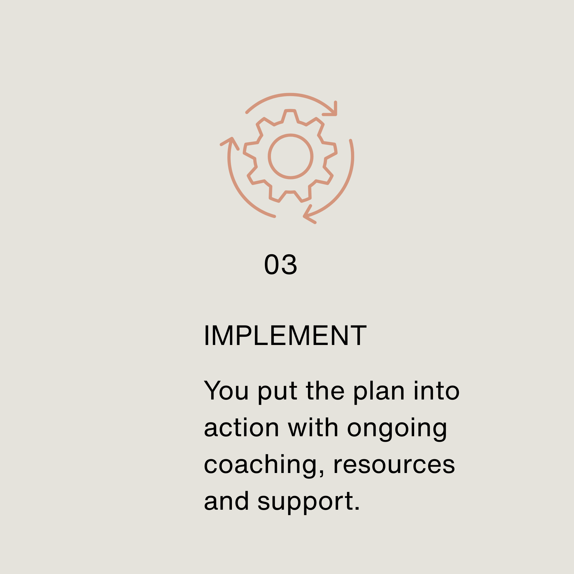A diagram with a gear icon and arrows indicating ongoing process, with the word 'IMPLEMENT' and instructions about planning and coaching resources.