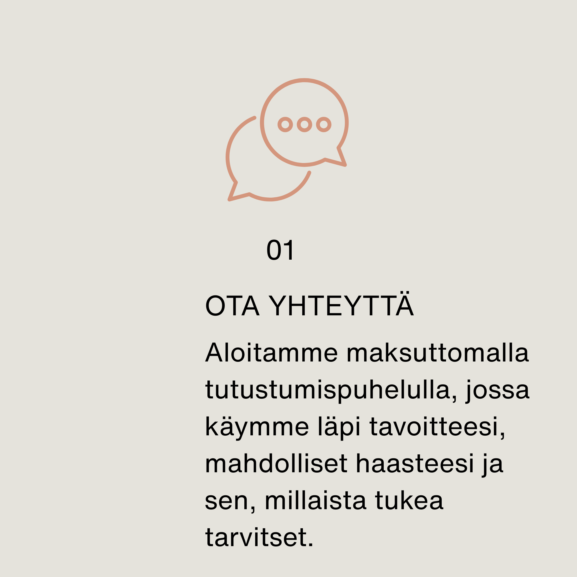 A speech bubble icon. Finnish text that translates to: "Let's get in touch. We are happy to meet with you to discuss your needs and options, and to support you in your challenges and opportunities."