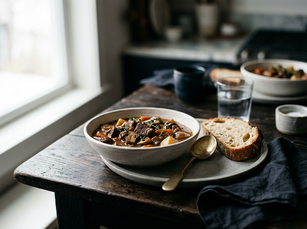A bowl of beef stew with carrots and potatoes on a white plate, a slice of bread, a gold spoon, a glass of water, and a small bowl of salt on a dark wooden table in a cozy kitchen.