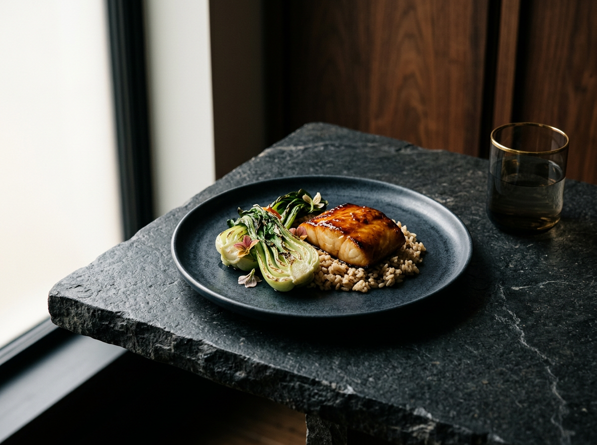 A black plate with a glazed piece of fish, served with a bed of grains and a side of spiralized zucchini with herbs, on a dark marble countertop, with a drinking glass nearby.