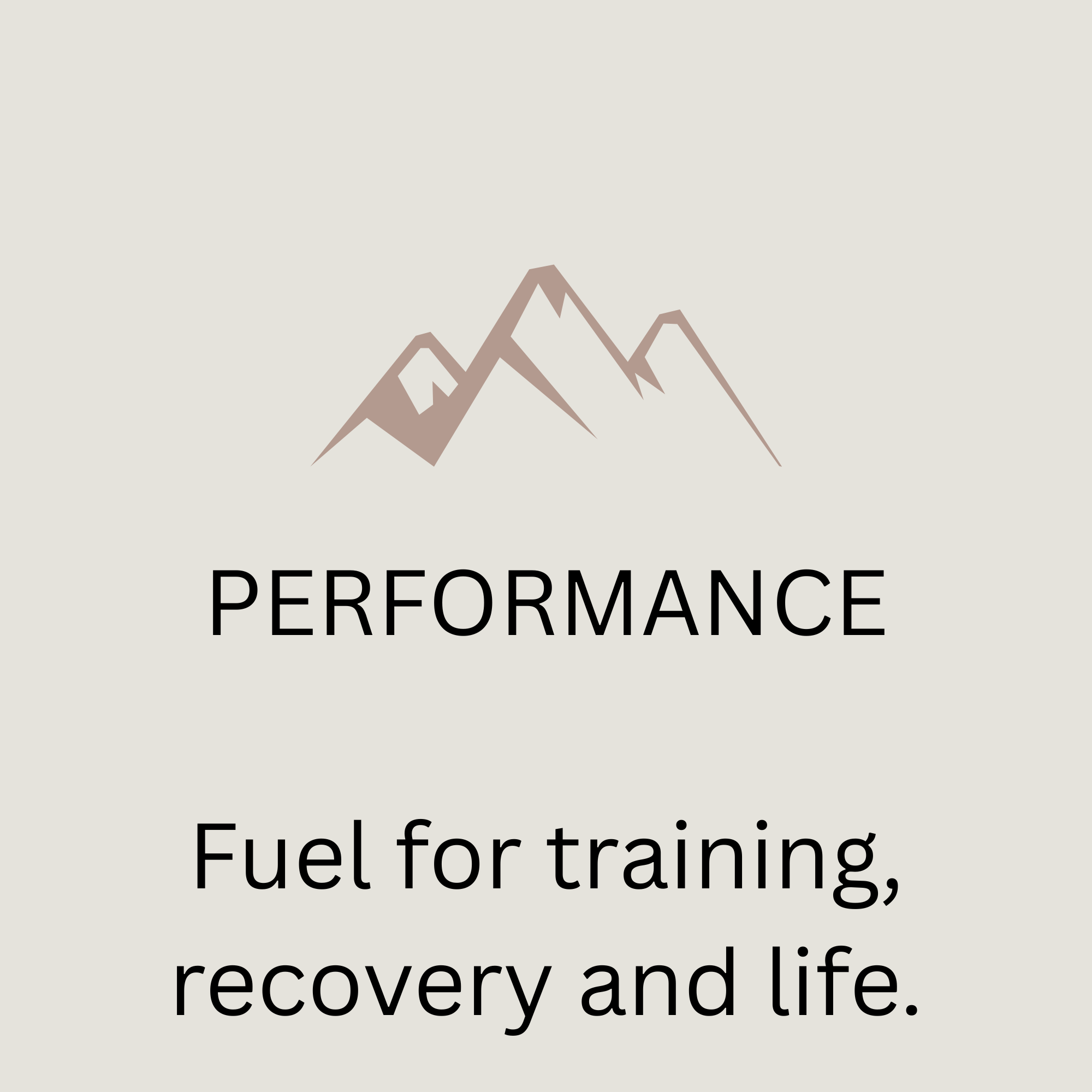 A stylized illustration of mountains with the words 'PERFORMANCE' and part of a paragraph about training, recovery, and life.