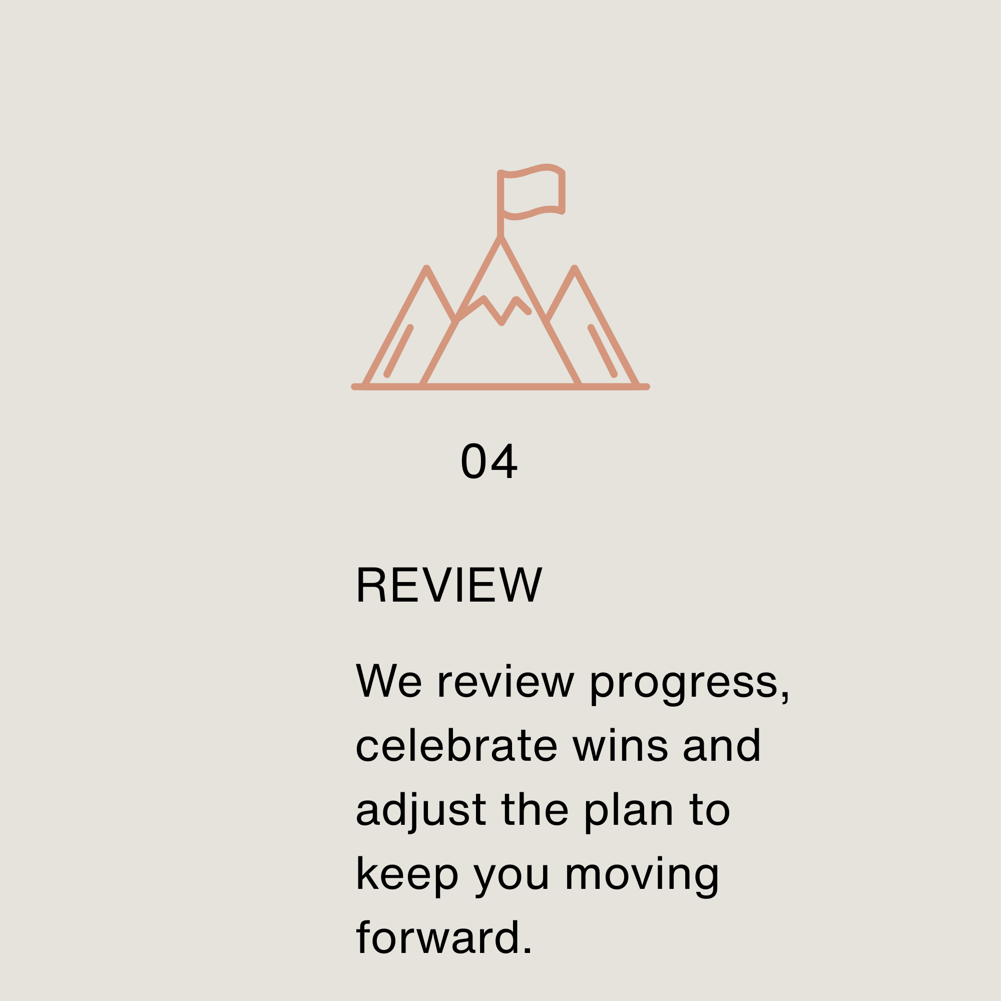 Simple line drawing of a mountain with a flag at the summit, accompanied by the text "04 REVIEW We review progress".