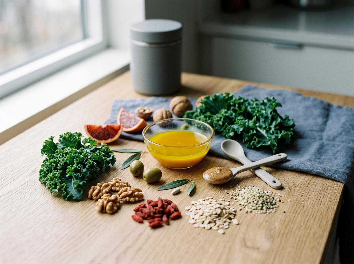 Assorted healthy foods on a wooden kitchen table, including leafy greens, walnuts, olives, goji berries, sunflower seeds, quinoa, a bowl of yellow juice, and slices of grapefruit and fig.