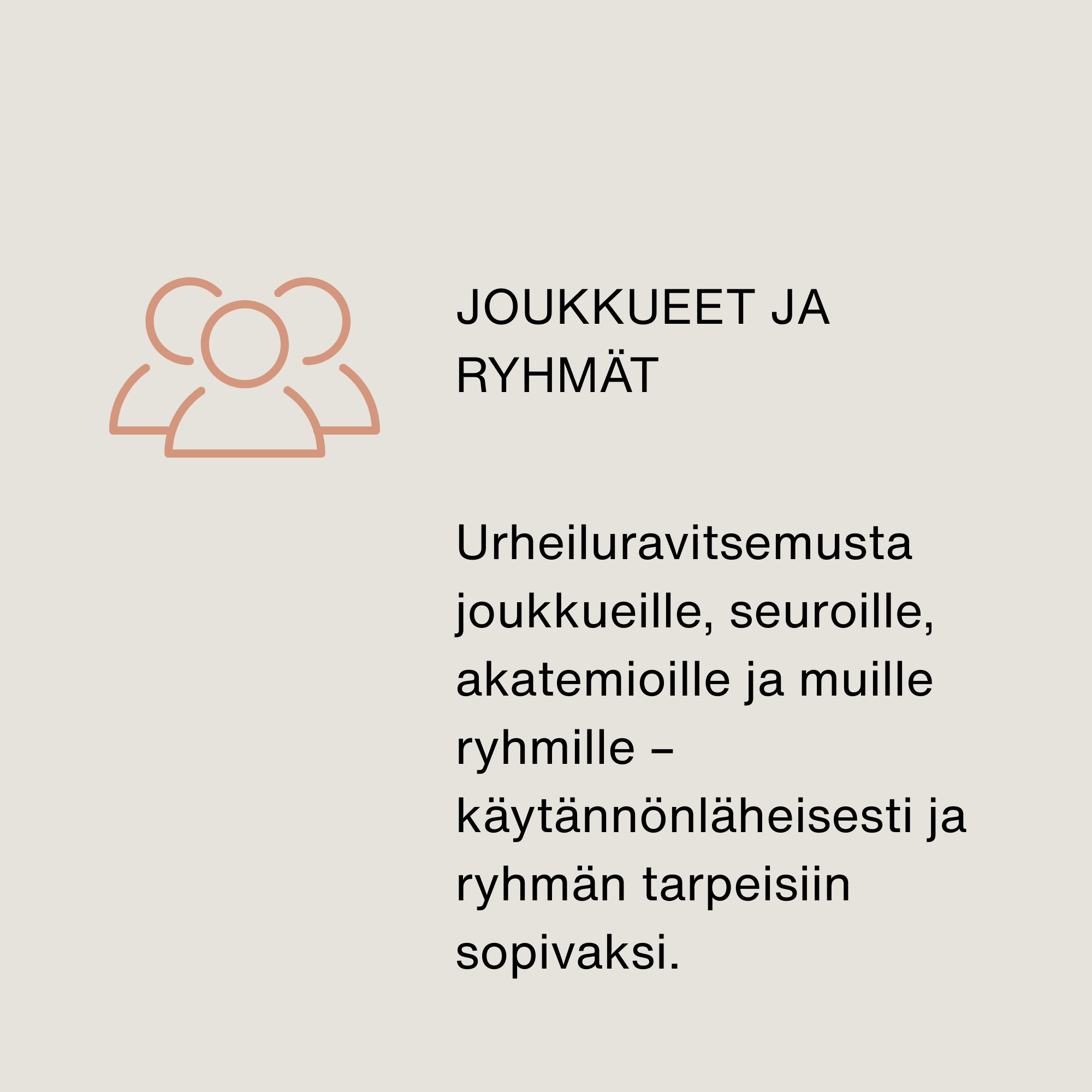 Text in Finnish about sports team groups and their needs for group breathing, fitting into a practical and athletic context, with a minimalist icon of a group of people.