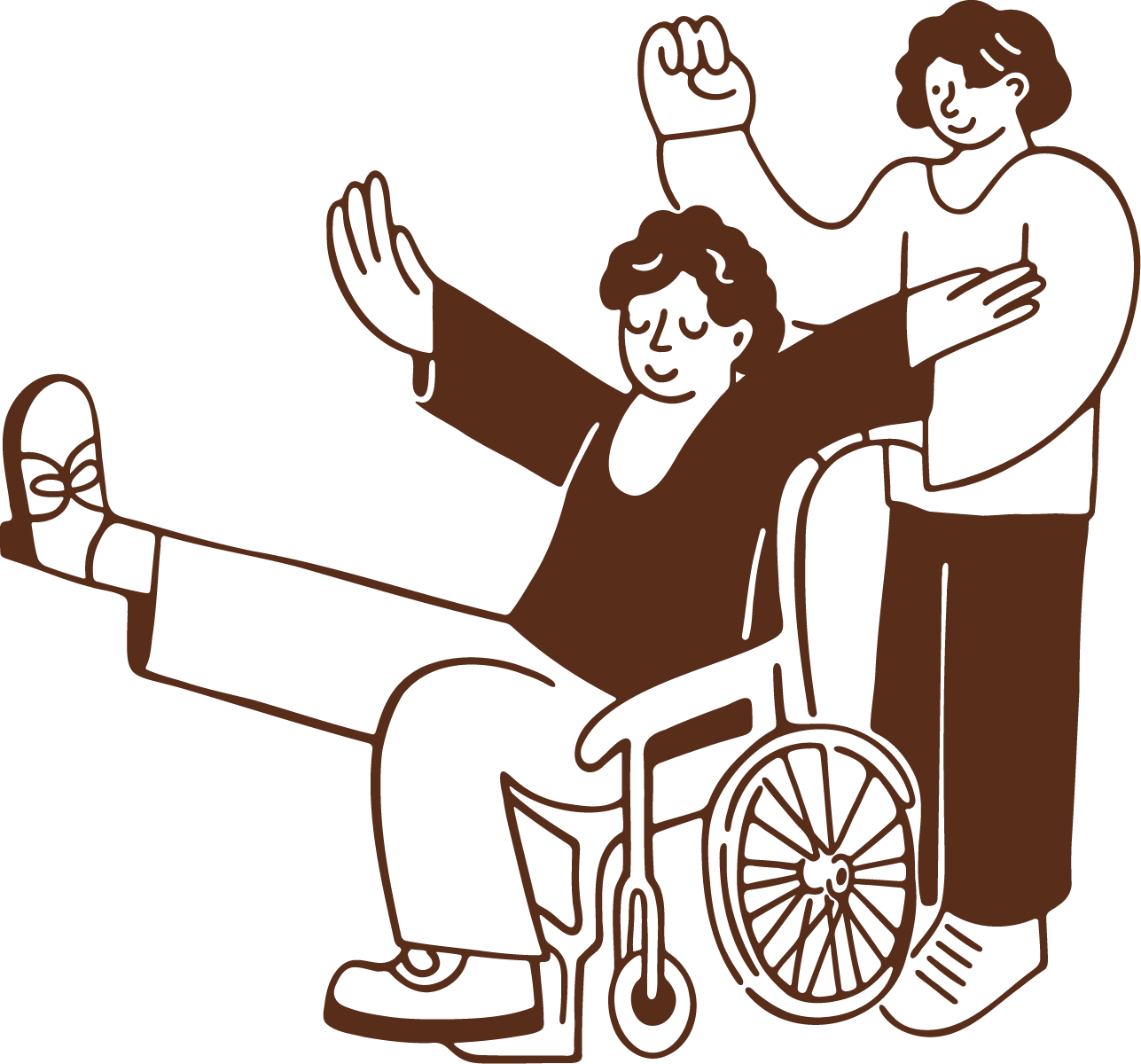 Line drawing of a person in a wheelchair celebrating with a person behind, all smiling and raising their hands.