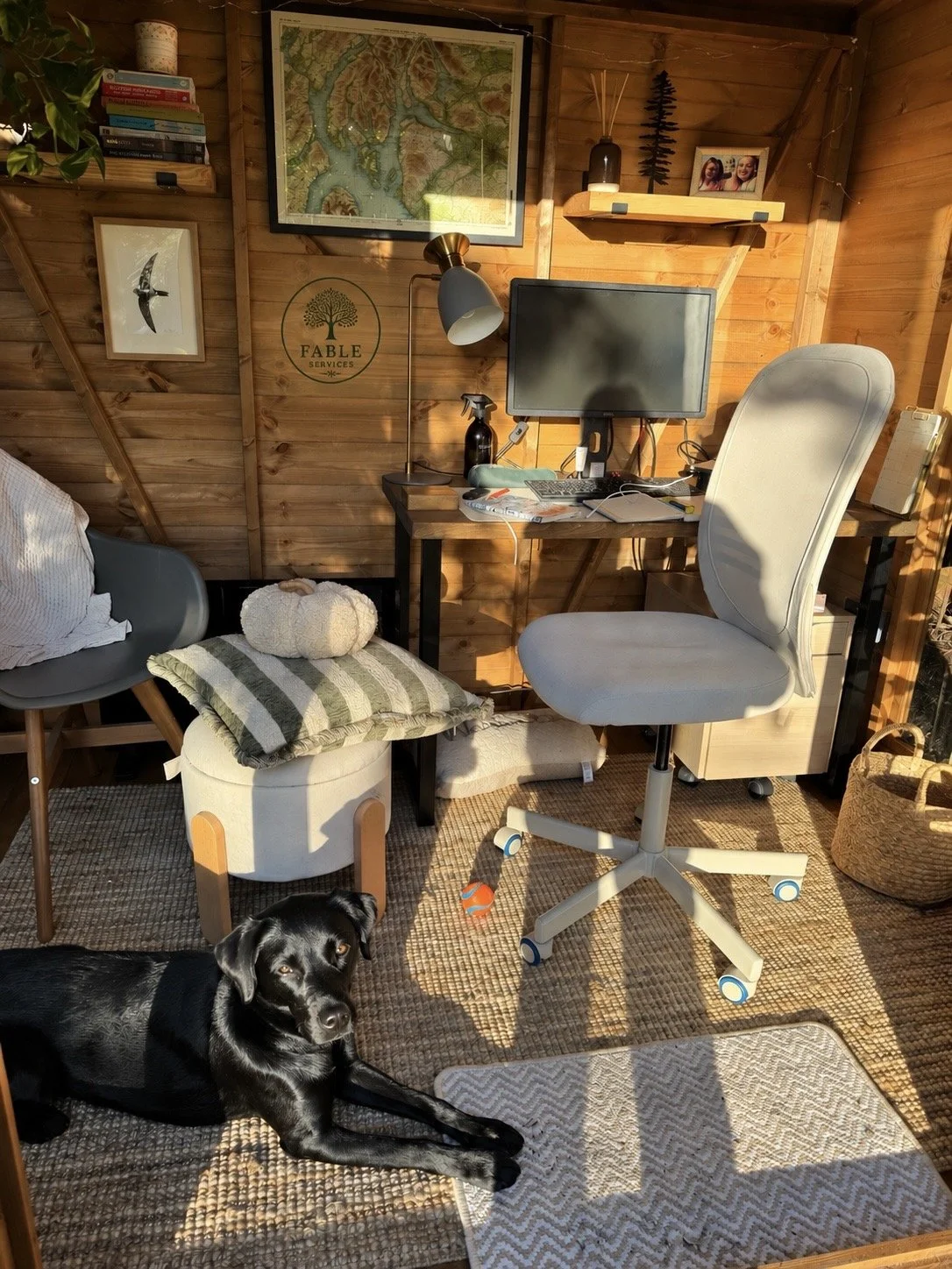 A cozy home office with wooden walls, a desk holding a computer monitor, books, and a desk lamp. A white office chair is positioned at the desk. A black dog lies on the carpeted floor near a small ottoman with pillows. The room is decorated with framed art, a map, and small decorative items on shelves. Sunlight streams through a window, illuminating the space.