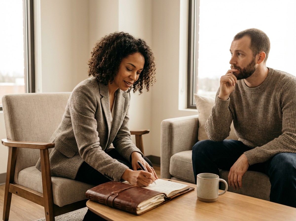 A woman with curly hair and a gray blazer writes in a notebook while a man with a beard and a brown sweater listens attentively in a casual meeting room with a coffee mug on the table.