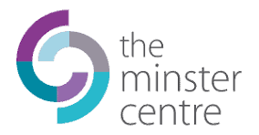 Logo for The Minster Centre with a circular graphic in shades of blue, purple, and gray, and the text 'the minster centre' beside it.