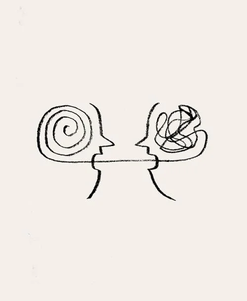 A line drawing of two faces communicating, one with a spiral head and the other with a scribbled head, connected by a line symbolizing conversation or exchange.