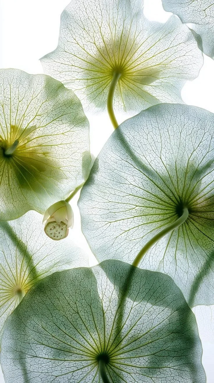 Close-up of translucent green leaves with visible vein patterns and a small white flower with green seed pod