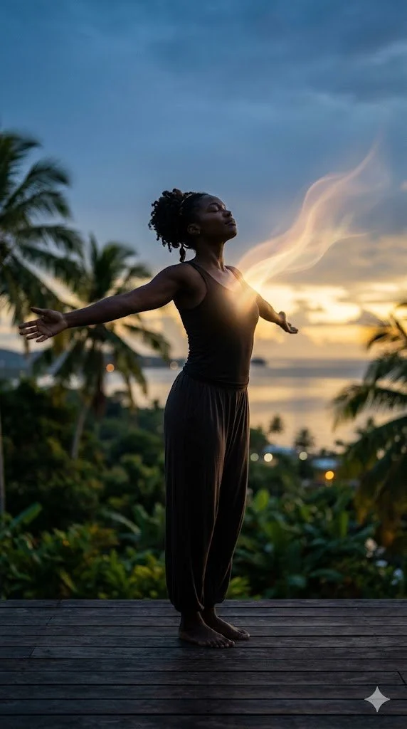 Femme noire en posture de yoga bras ouverts devant un paysage tropical au coucher du soleil.