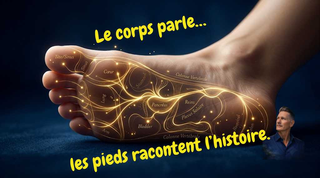 Illustration d’un pied avec zones réflexes annotées et texte “Le corps parle… les pieds racontent l’histoire”.