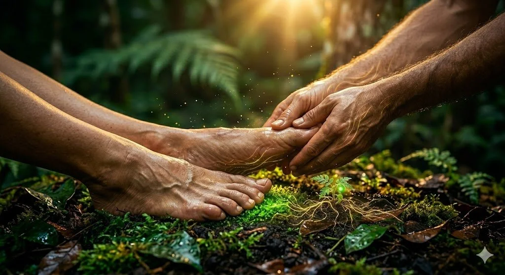 Deux mains humaines tenant doucement un autre pied humain dans une forêt luxuriante, avec un effet lumineux vert et des éléments naturels autour.