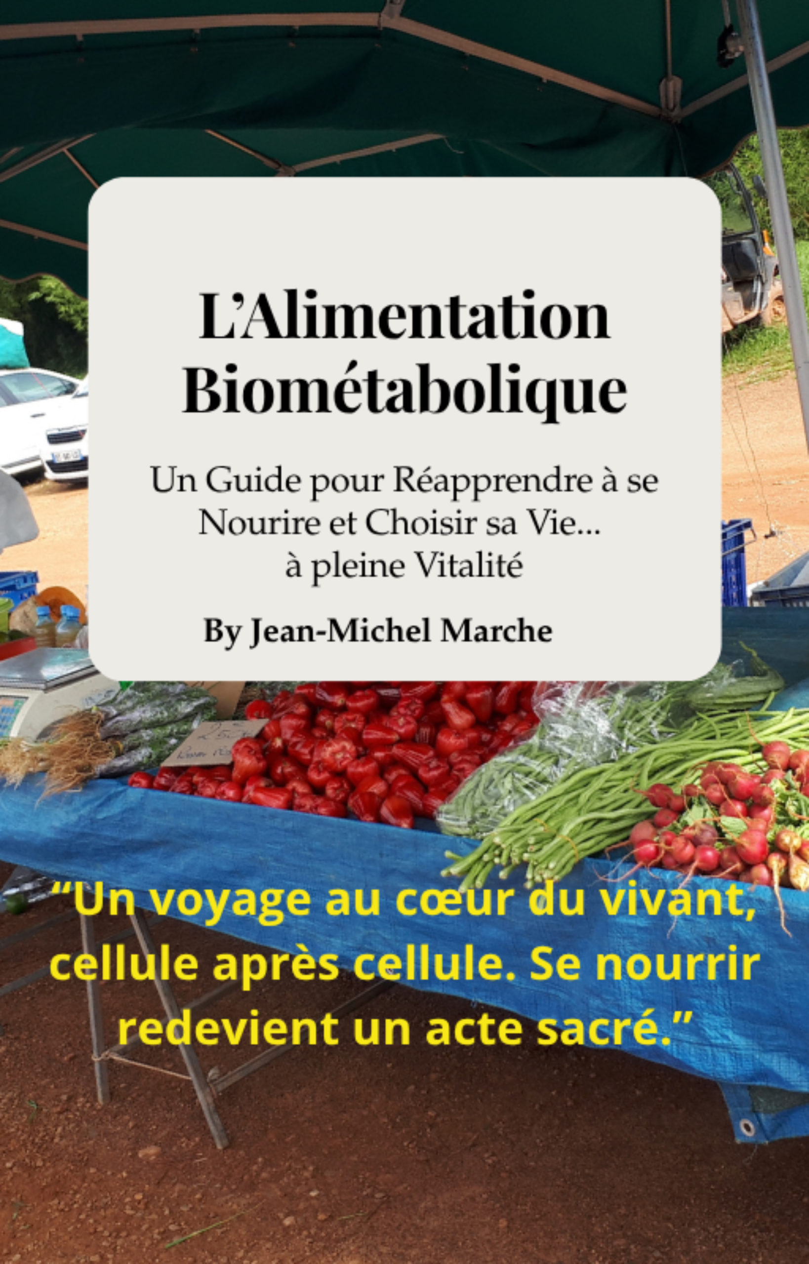 Couverture du livre Alimentation Biométabolique montrant un étale de fruits et légumes