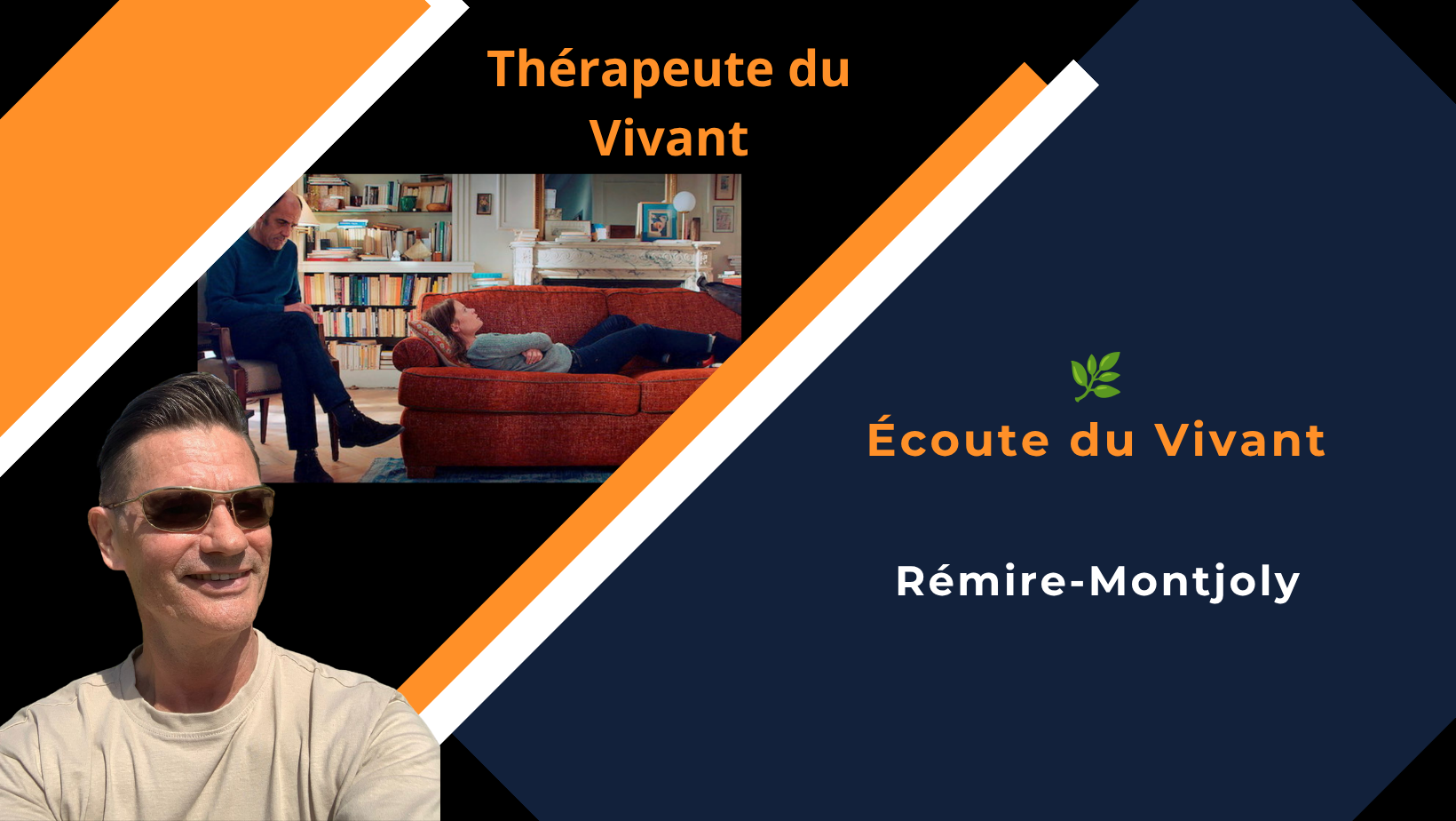 un homme écoute un sujet allongé sur un canapé rouge. texte"thérapeute du vivant" jean-michel-marche