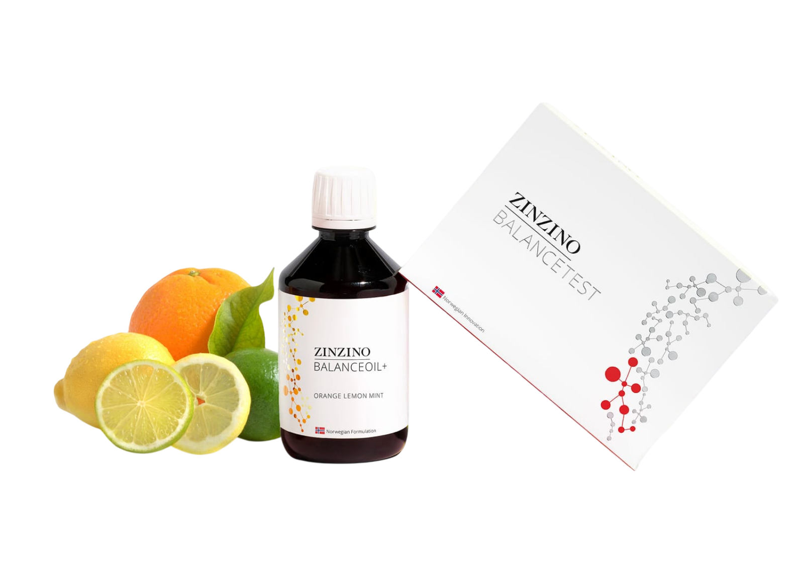 Présentation des produits Zinzino BalanceTest et BalanceOil+ saveur Orange Lemon Mint.