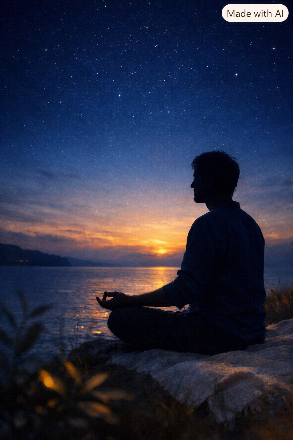 Un homme en méditation assis au bord d'un lac sous un ciel étoilé lors du coucher du soleil.