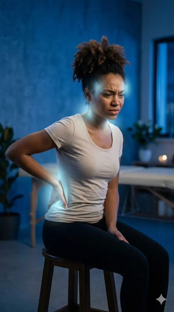 Femme noire assise tenant sa taille, exprimant une douleur du dos dans un intérieur éclairé en bleu.