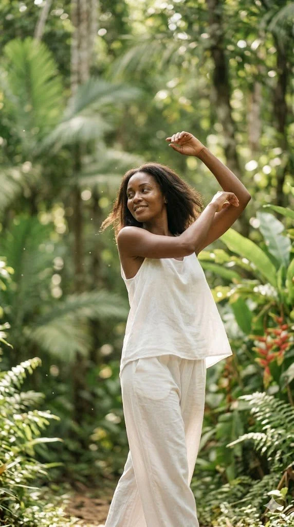Femme noire souriante levant les bras dans une forêt tropicale.