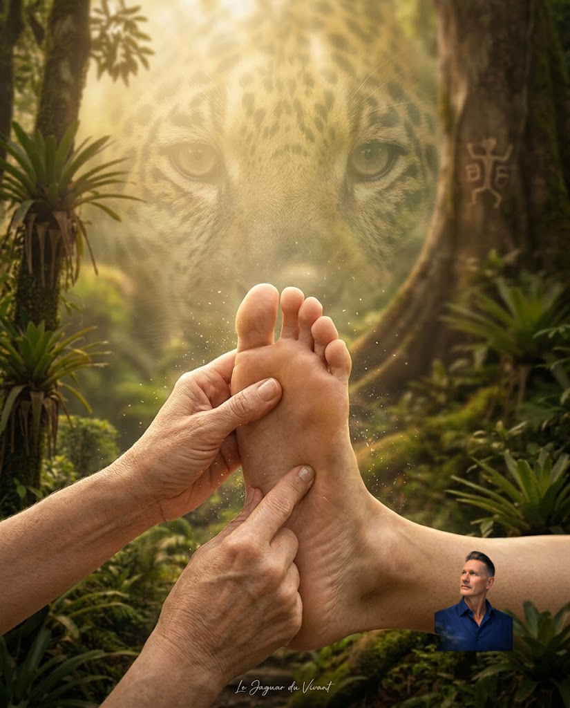 Une main massant la plante d'un pieds d'une autre personne dans un environnement forestier, avec un visage de jaguar en transparence dans le fond.