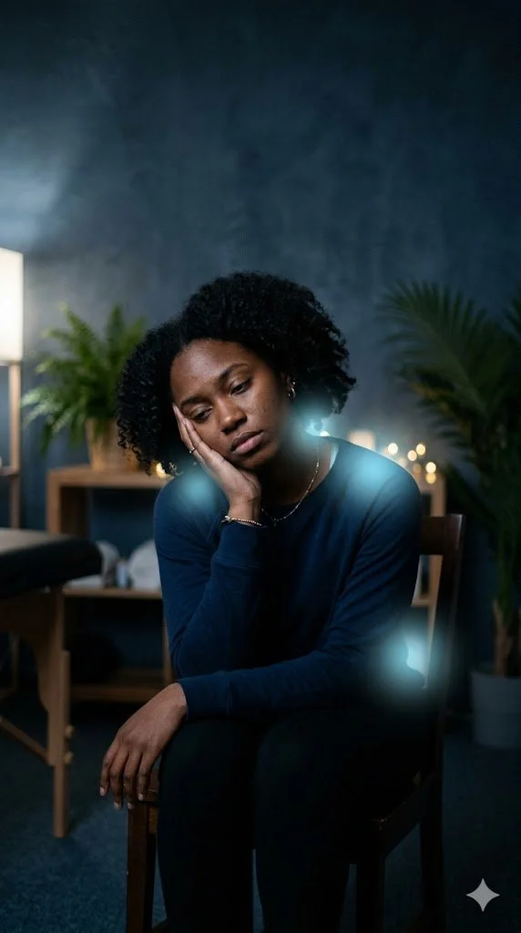 Femme noire assise, pensive, avec douleurs dans une pièce sombre avec plantes en arrière‑plan.