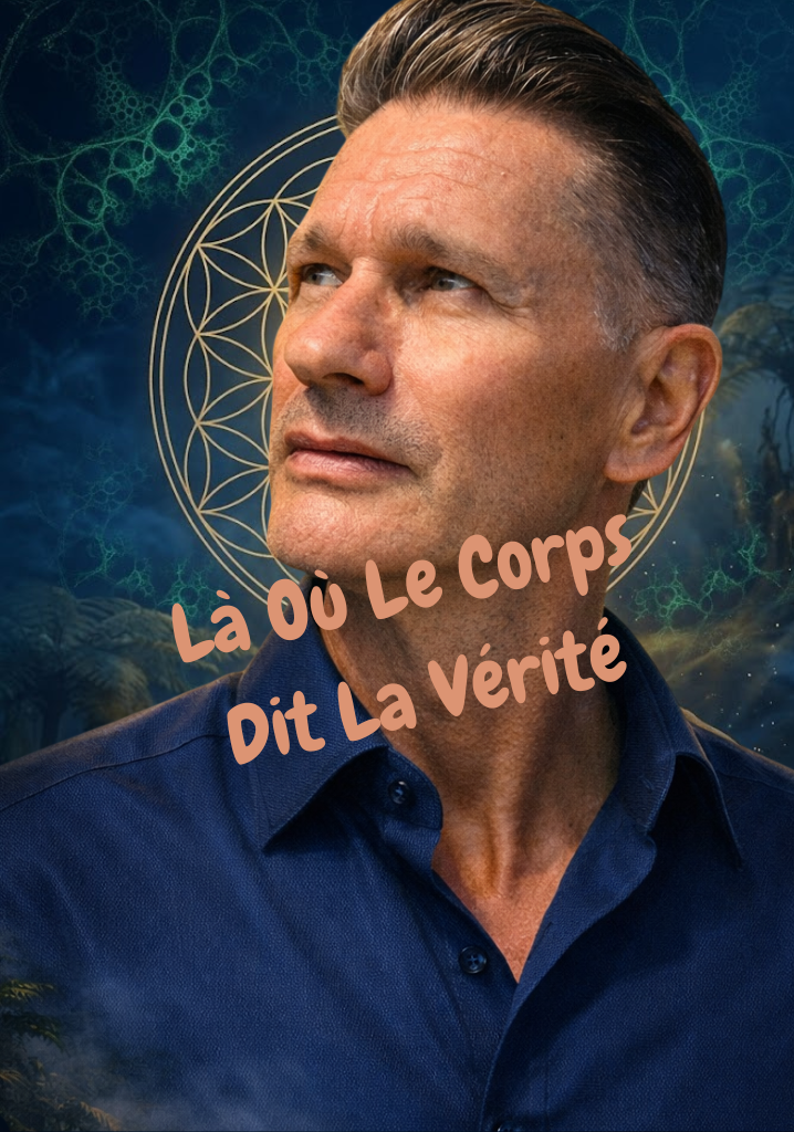 Jean-Michel Marche, un homme d'âge moyen avec des cheveux chatains, portant une chemise bleue foncée, regarde vers la droite contre un fond mystérieux avec des motifs géométriques et de nature.