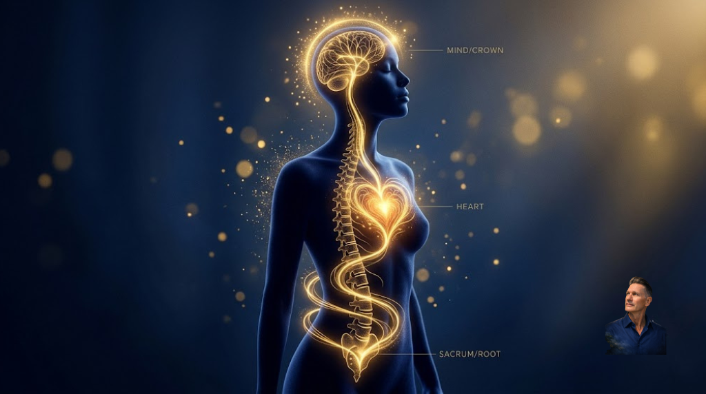 Silhouette humaine avec zones lumineuses tête, cœur et sacrum reliées par des lignes.