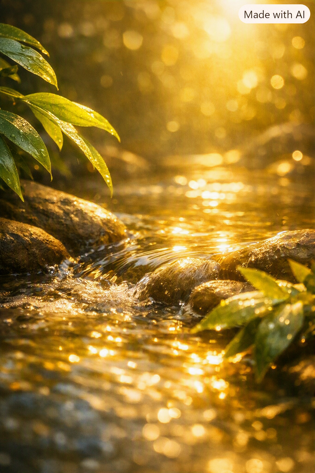 Une rivière ou un ruisseau au coucher du soleil, avec des feuilles vertes mouillées et des rochers brillants dans l'eau, créant une ambiance chaleureuse et paisible.