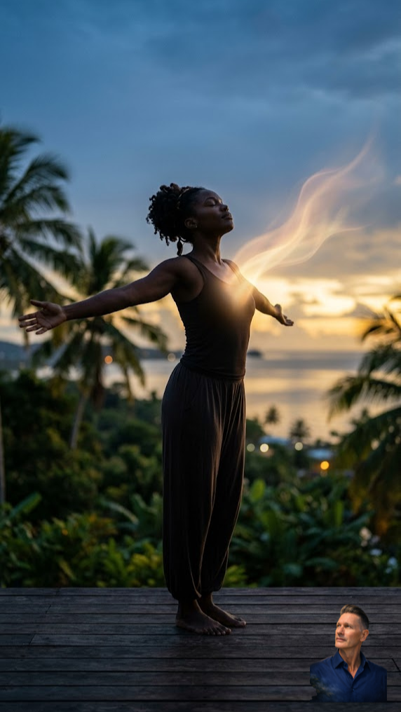 Femme en méditation avec aura lumineuse dans un paysage tropical au coucher du soleil.