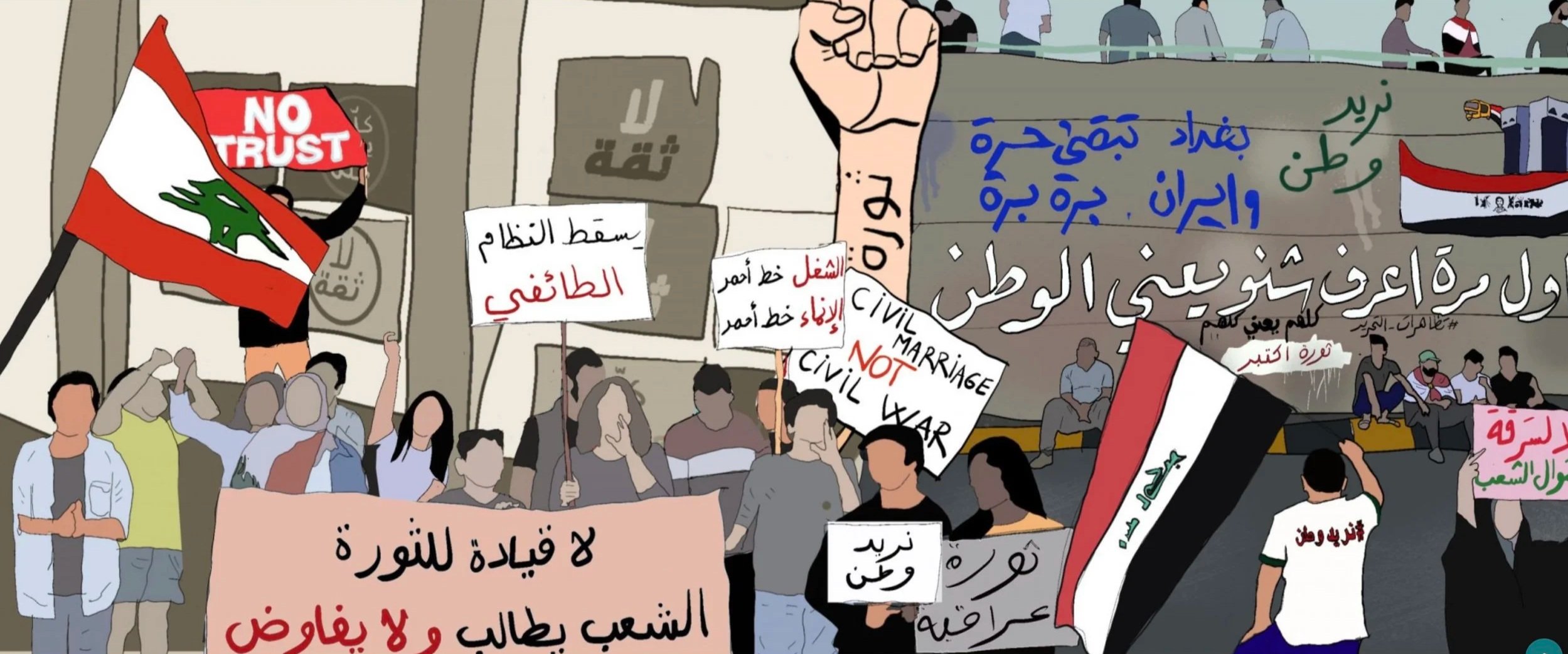 A protest scene with people holding signs and flags, including a Lebanese flag and a sign that says 'NO TRUST'. The signs are in Arabic and English, protesting against political corruption and violence in Lebanon.