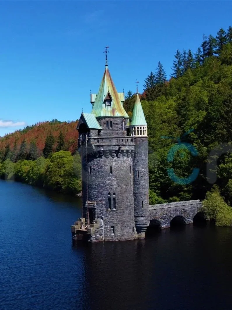 Photo of Vyrnwy Lake water tower in Wales. Victorian gothic water tower rising up from dark blue water connected to a forest bank by a gothic stone footbridge.